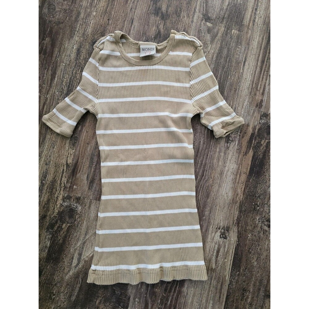 Mondi Women’s Ribbed Knit Shirt Size 42 Beige White Striped Cotton Short Sleeve